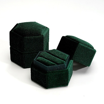 Velvet Ring Boxes, Hexagon, Dark Green, 4.3x4.9x4.3cm