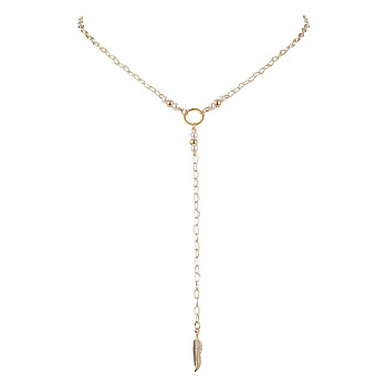 Brass Chain Lariat Necklaces, with Plastic Beads, Feather Pendant Necklaces, Golden, 17.95 inch(456mm)