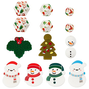 14Pcs 11 Style Christmas Theme Food Grade Eco-Friendly Silicone Beads, Chewing Beads For Teethers, DIY Nursing Necklaces Making, Mixed Color, 12~35x12~31x7~23mm, Hole: 2.5~3mm, 11 style/box
