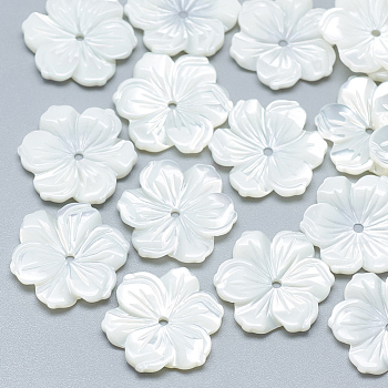 Natural White Shell Beads, Mother of Pearl Shell Beads, Flower, 15~16x14~15x2~3mm, Hole: 1mm