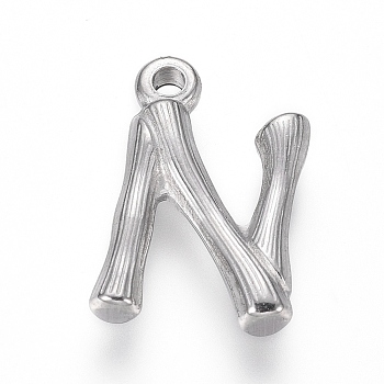 304 Stainless Steel Pendants, Bamboo Shaped Letter, Stainless Steel Color, Letter.N, 17.5~19x10~16x3~4mm, Hole: 1.8~2mm