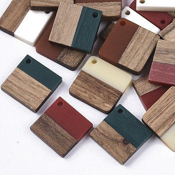 Resin & Walnut Wood Pendants, Rhombus, Mixed Color, 24x24x3~4mm, Hole: 2mm