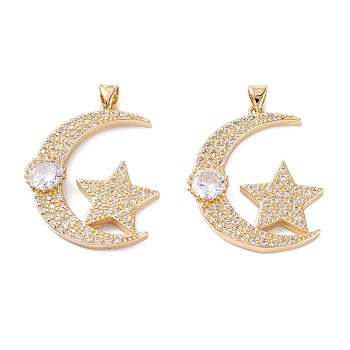Brass Micro Pave Clear Cubic Zirconia Pendants, Long-Lasting Plated, Moon with Star, Real 18K Gold Plated, 32.5x27.5x4mm, Hole: 4.5x3.5mm