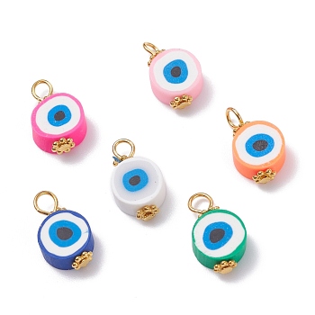 Handmade Polymer Clay Pendants, with Golden Tone Iron & Alloy Findings, Flat Round with Evil Eye, Mixed Color, 15~16x9x4.5mm, Hole: 3X3.6mm