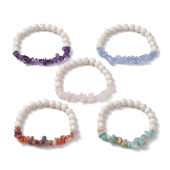 Natural Mixed Gemstone Chips & Synthetic Turquoise Beaded Stretch Bracelets, Inner Diameter: 2-3/8~2-1/2 inch(6~6.3cm)