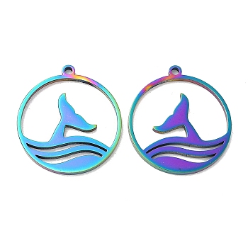 Ion Plating(IP) 304 Stainless Steel Pendants, Flat Round with Fishtail Charm, Rainbow Color, 22x20x1.5mm, Hole: 1.4mm