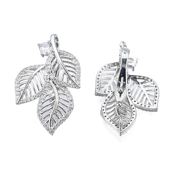 Brass Micro Pave Clear Cubic Zirconia Twister Clasps, Nickel Free, Leaf, Platinum, 29.5x18.5x11mm, Hole: 1.6mm