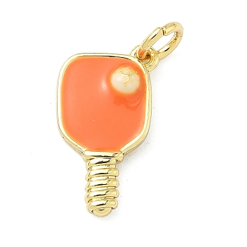Brass Pendants, Pickleball Paddle Charms, with Enamel, Cadmium Free & Lead Free, Rack Plating, Long-Lasting Plated, with Jump Ring, Real 18K Gold Plated, Orange, 17x10x2mm, Hole: 3.3mm