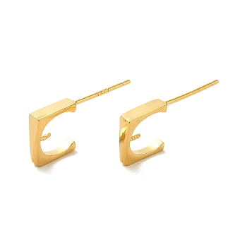 925 Sterling Silver Stud Earrings, Letter C Shape, Real 18K Gold Plated, 9x2.5mm, Pin: 11mm