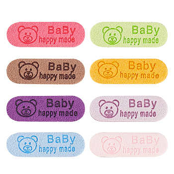 96Pcs 8 Colors Cloth Sewing Labels, Cloth Labels, for Sewing, Knitting, Crafts, Word Happy Made, Oval with Bear Pattern, Mixed Color, 31x10x1.3mm, 12pcs/color