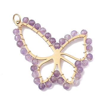 Natural Amethyst Faceted Pendants, 201 Stainless Steel Butterfly Charms, Golden, 34x36x3mm, Hole: 3.6mm