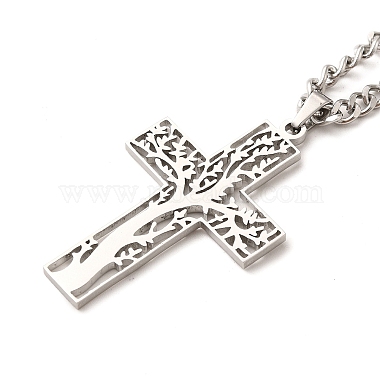 304 Stainless Steel Cross with Tree of Life Pendant Necklaces(NJEW-M197-02P)-2