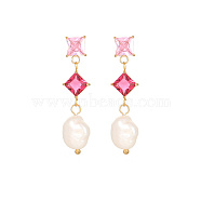 Glass Square Stud Earrings, Natural Pearl Drop Earrings with 304 Stainless Steel Pins, Flamingo, 40mm(UK2895-1)