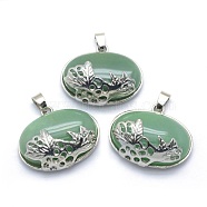 Natural Green Aventurine Pendants, with Alloy Findings, Oval, Platinum, 26.5x32x12mm, Hole: 4.5x5mm(G-P393-D02)