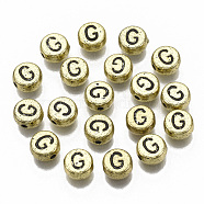 Plating Acrylic Beads, Horizontal Hole, Flat Round with Letter, Golden Plated, Black, Letter.G, 7x4mm, Hole: 1.2mm, about 3600pcs/500g.(PACR-CD0001-G)