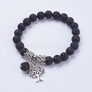 Natural Lava Rock Stretch Charm Bracelets, with Alloy Tree Pendants, with Burlap Paking Pouches Drawstring Bags, Antique Silver, 2-3/8 inch(60mm)(BJEW-JB03478-01)