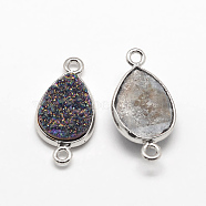 Electroplate Natural Druzy Crystal Teardrop Links connectors, with Platinum Plated Brass Findings, Dyed, Colorful, 23x12x4~6mm, Hole: 2mm(G-A124-02C-S)