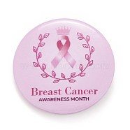 Breast Cancer Awareness Month Tinplate Brooch Pin, Pink Flat Round Badge for Clothing Bags Jackets, Platinum, Leaf Pattern, 44x7mm(JEWB-G016-01P-01)