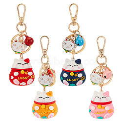 4Pcs 4 Colors Alloy Enamel Keychains, with Iron Findings and PVC Lucky Cat, Cat & Bell, Mixed Color, 11.6cm, 1pc/color(KEYC-OC0001-36)