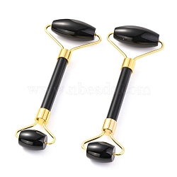 Natural Obsidian Brass Face Massager, Facial Rollers, Golden, 142~150x54~58x19~22mm(MRMJ-G009-53G)