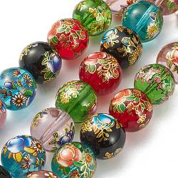 Flower Painted Handmade Lampwork Round Beads, Colorful, 14x13mm, Hole: 1mm(LAMP-I008-03)
