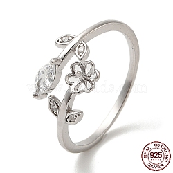 Rhodium Plated Flower 925 Sterling Silver Micro Pave Cubic Zirconia Open Cuff Ring Settings, for Half Drilled Beads, Real Platinum Plated, US Size 7 3/4(17.9mm), Pin: 0.9mm(STER-NH0001-60P)