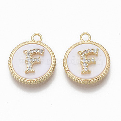 Brass Micro Pave Cubic Zirconia Pendants, with Shell, Flat Round with Letter, Nickel Free, Clear, Creamy White, Real 18K Gold Plated, Letter.F, 17x14x4mm, Hole: 1.8mm(KK-T062-04F-NF)