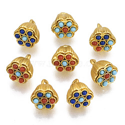 Brass Charms, with Resin Beads, Lotus Pod, Matte Style, Matte Gold Color, Mixed Color, 10x8.5x8mm, Hole: 1.8mm(KK-S310-28)