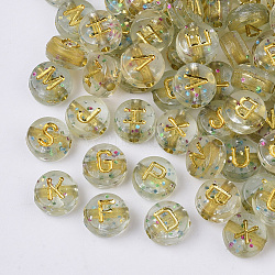 Plating Transparent Acrylic Beads, with Glitter Powder, Metal Enlaced, Horizontal Hole, Flat Round with Letter, Golden Plated, 7x4mm, Hole: 1.5mm(X-TACR-T008-01A)