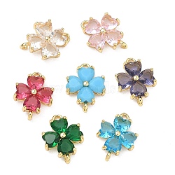 Saint Patrick's Day Glass Clover Connector Charms, with Rack Plating Brass Findings, Golden, Cadmium Free & Lead Free, Long-Lasting Plated, Mixed Color, 15.5x11.5x3.5mm, Hole: 1.4mm(KK-P348-03G)
