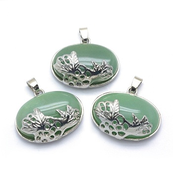 Natural Green Aventurine Pendants, with Alloy Findings, Oval, Platinum, 26.5x32x12mm, Hole: 4.5x5mm