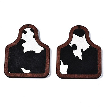 Eco-Friendly Cowhide Leather Big Pendants, with Dyed Wood, Bottle with Leopard Print, Black, 58x45x3mm, Hole: 1.5mm