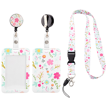 PU Leather Name Card Holder, with Retractable Badge Reels, Zinc Alloy Clasp, Polyester Lanyard, Flower Pattern, Card: 110x69x5mm, Inner Diameter: 83x51mm, 1 set/box