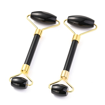 Natural Obsidian Brass Face Massager, Facial Rollers, Golden, 142~150x54~58x19~22mm