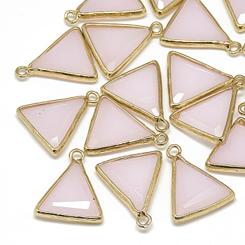 Glass Pendants, with Golden Tone Brass Findings, Faceted, Triangle, Misty Rose, 21.5x18x4.5mm, Hole: 1.5~2mm