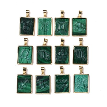 12Pcs 12 Styles Natural Malachite Pendants, Rectangle Charms with Twelve Constellations, with Rack Plating Light Gold Tone Brass Findings, Cadmium Free & Lead Free, 22x16x3.5mm, Hole: 6x4mm, 1pc/style