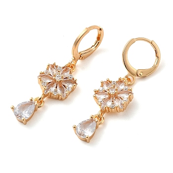 Rack Plating Golden Brass Dangle Leverback Earrings, with Cubic Zirconia, Flower, Clear, 38x10.5mm