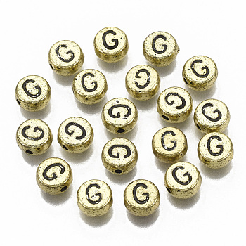 Plating Acrylic Beads, Horizontal Hole, Flat Round with Letter, Golden Plated, Black, Letter.G, 7x4mm, Hole: 1.2mm, about 3600pcs/500g.