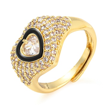 Enamel Heart Adjustable Ring with Clear Cubic Zirconia, Real 18K Gold Plated Brass Ring, Lead Free & Cadmium Free, Black, Inner Diameter: 17.6mm