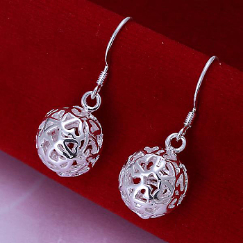 Ball Brass Dangle Earrings, Silver Color Plated, 29x11mm