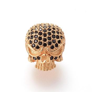 Brass Micro Pave Cubic Zirconia Beads, Skull, Golden, 13.6x11.1mm