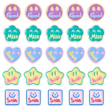 25Pcs Assorted smiling face Star Heart Slime Opaque Resin Cabochon Flatback Scrapbooking Embellishment with Smile Love Miss Luck Words Epoxy Slime Cabochon for DIY Crafts Scrapbooking Phone Case Decor, Mixed Color, 19~24mm, 5 styles
