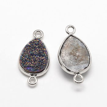 Electroplate Natural Druzy Crystal Teardrop Links connectors, with Platinum Plated Brass Findings, Dyed, Colorful, 23x12x4~6mm, Hole: 2mm