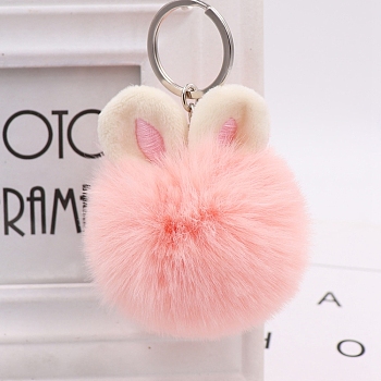 Imitation Rabbit Fur Keychain, Rabbit, Hot Pink, Pendant: 7cm