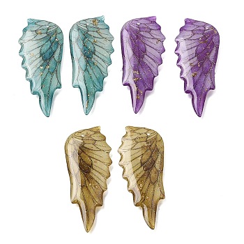 Luminous Transparent Epoxy Resin Pendants, Angel Wings Shape Charm, with Glitter Sequins & Gold Foil, Glow in the Dark, Mixed Color, 37x17x4mm, Hole: 1mm