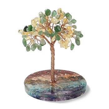 Natural Yellow Quartz & Green Aventurine Chips Tree Decorations, Resin Base Copper Wire Feng Shui Energy Stone Gift for Home Desktop Decoration, 81x115~118mm