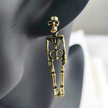 Halloween Alloy Stud Earrings, Skeleton, Antique Golden, 40mm