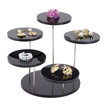 5-Tier Round Acrylic Finger Ring Rotating Display Risers, Jewelry Organizer Holder for Rings Storage, with 304 Stainless steel Ring Holder, Black, 7.55~12.6x0.55cm