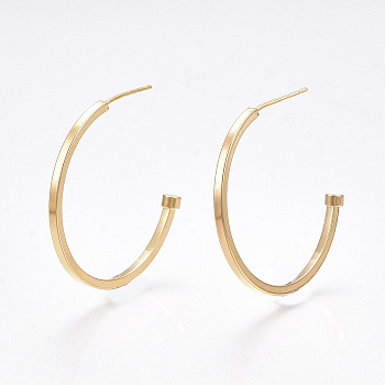 Brass Stud Earrings, Half Hoop Earrings, Real 18K Gold Plated, 30x30mm, Pin: 0.8mm