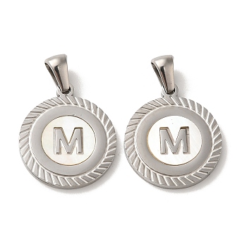 304 Stainless Steel Pendants, Flat Round Shell Charms with Letter, Stainless Steel Color, Letter M, 20.5x17.5x1.5mm, Hole: 2.5x4.5mm